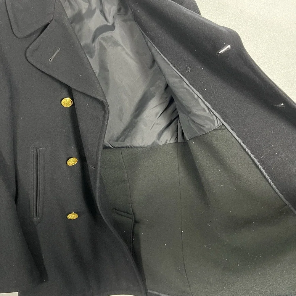 Mens Black Double Breasted Wool‎ Peacoat Military Style Gold Buttons 34S